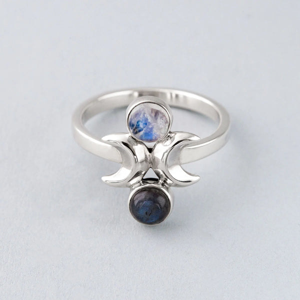 Nick Von K - Moon Phase Ring in Sterling Silver with Labradorite and Rainbow Moonstone