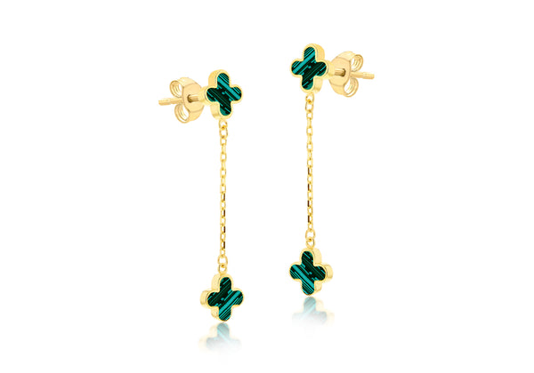Brent Weatherall - 9ct Gold Malachite Clover Inlay Drop Earrings