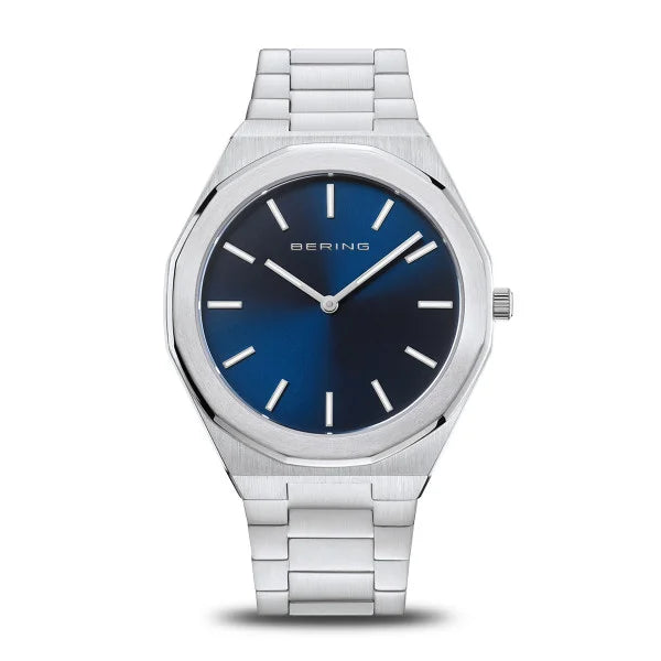 Bering - Classic Polished/Brushed Silver 41mm Blue Dial Mens Watch