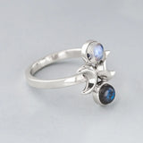 Nick Von K - Moon Phase Ring in Sterling Silver with Labradorite and Rainbow Moonstone