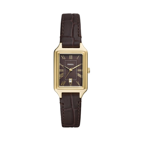 Fossil - Rectangle Gold Watch With Brown Strap