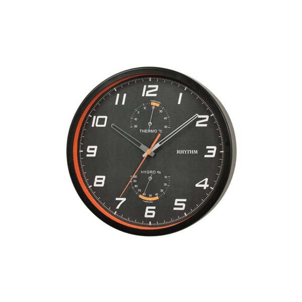 Rhythm - Wall Clock With Thermometer & Hydrometer Black & Orange