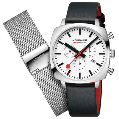 Mondaine - Grand Cushion White Dial/Black Strap Set