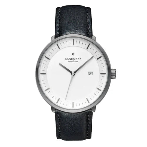 NordGreen - Philosopher White & Black Leather Watch