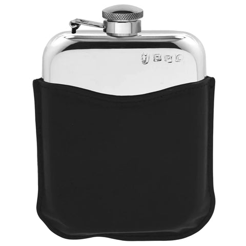 English Pewter Company - 6oz Pewter Hip Flask with Hinged Captive Top & Genuine Black Leather Pouch