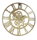 Decorative wall clock with gear design on a plain background