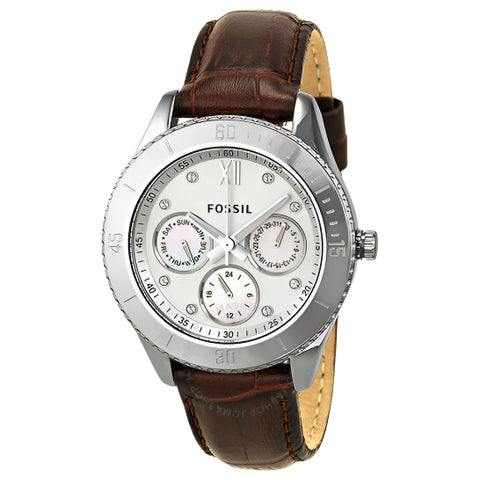 Fossil - Stella GMT White Dial Stainless Steel Brown Leather Ladies Watch