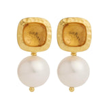 Najo - Gold Plated Square Citrine With Freshwater Pearl