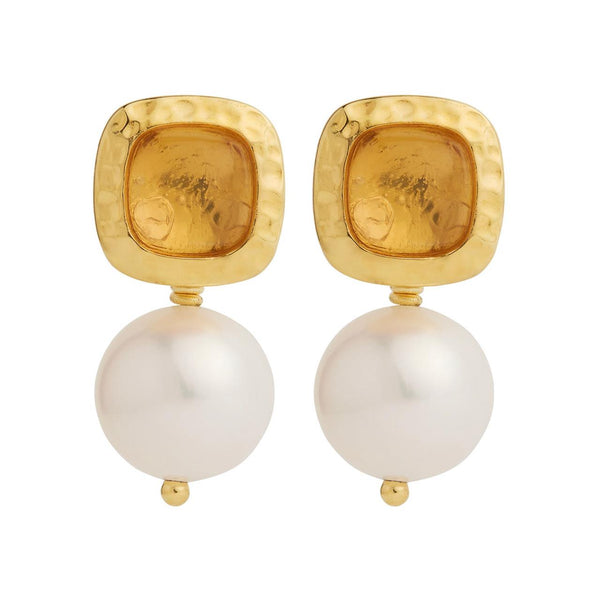 Najo - Gold Plated Square Citrine With Freshwater Pearl