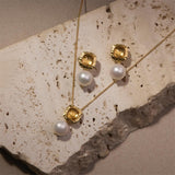 Najo - Gold Plated Square Citrine With Freshwater Pearl