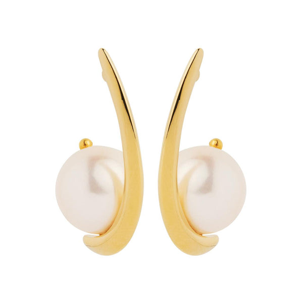 Najo - Unique Shaped hoops Yellow Gold Plated With Freshwater Pearl