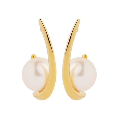 Najo - Unique Shaped hoops Yellow Gold Plated With Freshwater Pearl