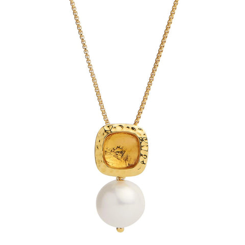Najo - Yellow Gold Plated Square Citrine Pendant With Freshwater Pearl