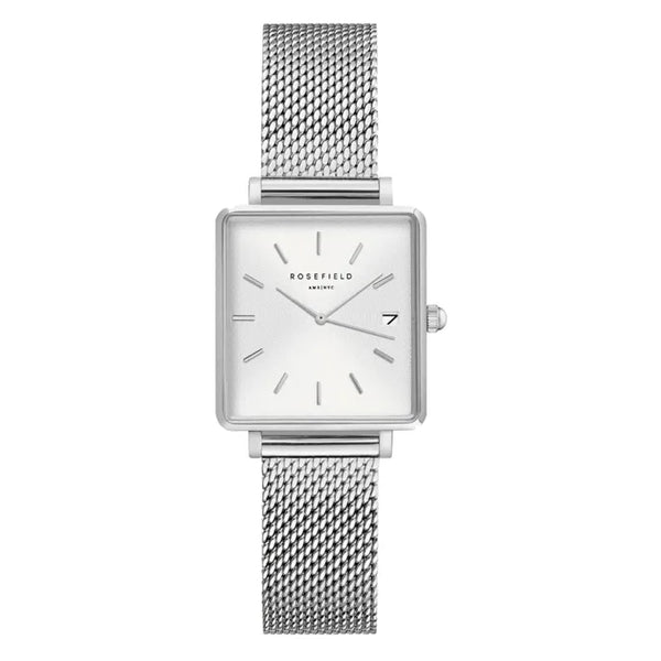 Rosefield Watch - Mini Boxy White Square Dial & Silver Mesh Strap