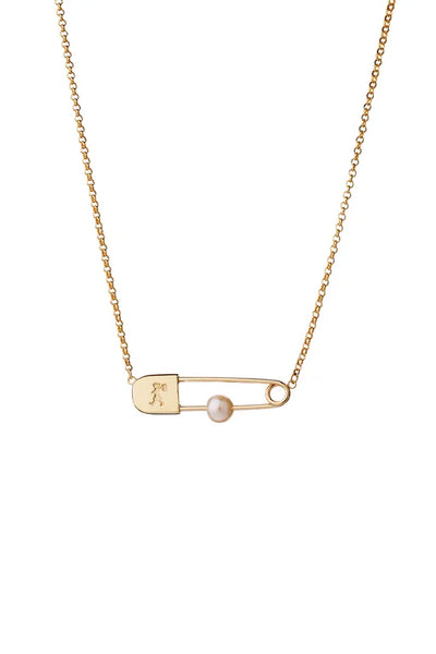 Karen Walker - Runaway Safety Pin Necklace Gold Plated With Fresh Water Pearl