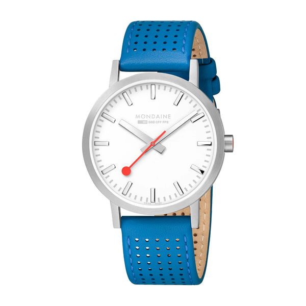 Mondaine Classic Spring/Summer - White Dial, Silver & Sky Blue Strap