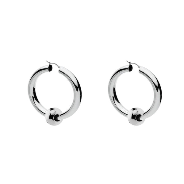 Najo - Toulah Hoop Earring - 2.5X15mm Round Silver Tube Hoop With Loose Bead