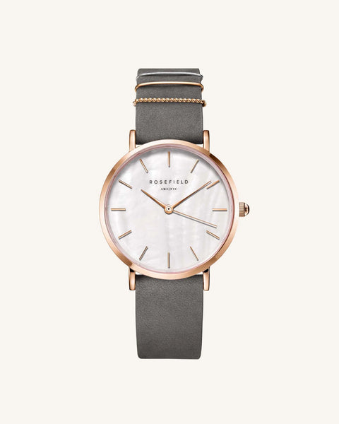 Rosefield 'The West Village' White Pearl, Elephant Grey &Rose Gold Watch - WEGR-W75