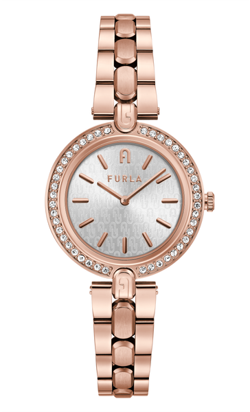 Furla - Logo Crystal Rose Gold Link Bracelet Watch