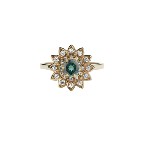 Meadowlark Dahlia Engagement Ring - 9ct Yellow Gold, Green Sapphire & White Diamond
