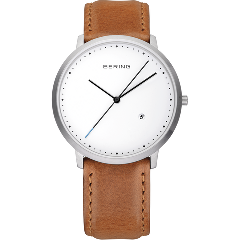 Bering Gents Classic Brushed Silver Tan Strap 11139-504